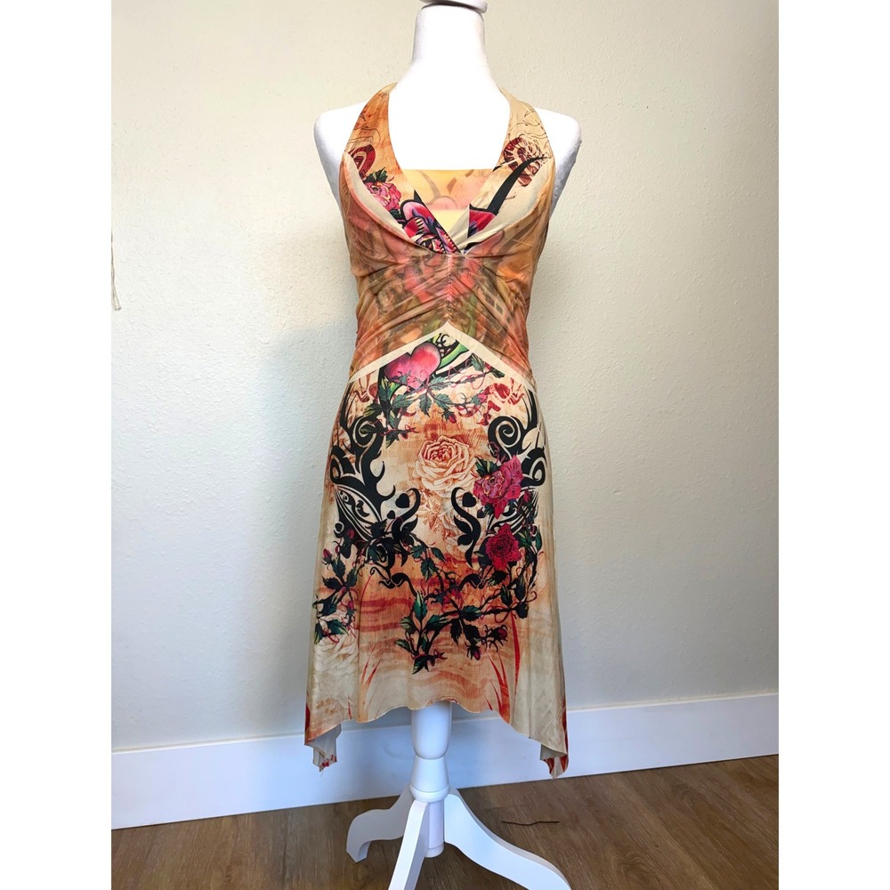 Y2K Funky Diva Tattoo Print Halter Dress Tan Multicolor Mesh Medium 3019
